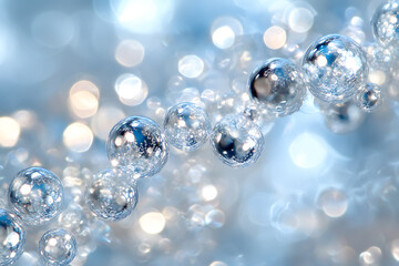 Bubbles floating in sparkling water with a soft blue background creating a serene atmosphere
