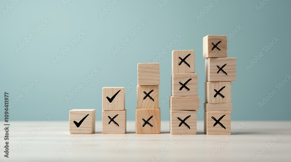 Leinwandbilder Check Mark Icons Representing Task and Job Completion on Wooden Blocks for Effective Business Goal Tracking and Quality Control Checklists in Various Assessments