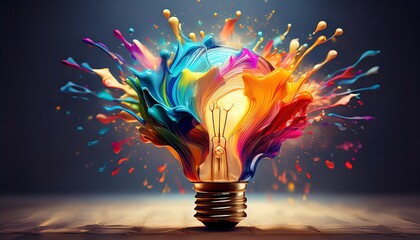 A vibrant light bulb surrounded by colorful splashes, symbolizing creativity and innovation.