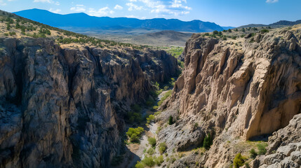 A rugged canyon landscape viewed from a high drone perspective.