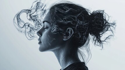 A contemplative young woman of South Asian descent with flowing hair, surrounded by wisps of ethereal smoke, creating a dreamlike atmosphere.