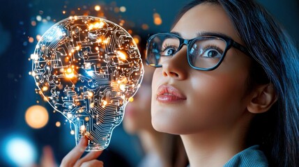 Woman Gazing at Glowing Brain Illuminated with for Innovation and Futuristic Technology