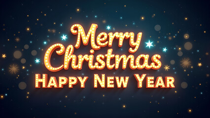 Merry Christmas and Happy New Year greeting card. Festive design with golden text and sparkling lights. Concept of celebration, winter holidays, and joy.