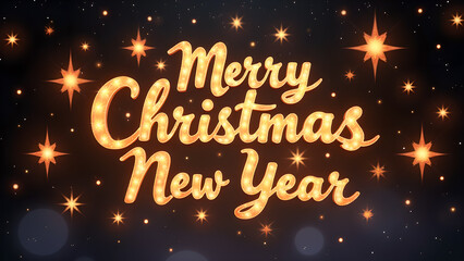 Merry Christmas and Happy New Year greeting card with golden lights. Holiday celebration concept.
