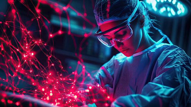 A focused Asian female scientist in protective gear inspects glowing red neural connections in a lab setting.