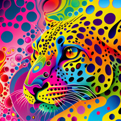 Colorful abstract leopard artwork in vibrant psychedelic design featuring a mixture of bold colors and dynamic patterns inspired by Lisa Frank style