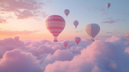 Obraz premium Colorful hot air balloons floating peacefully above soft clouds at sunrise.