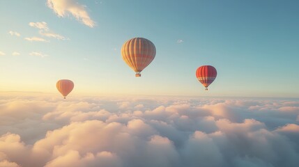 Obraz premium Three colorful hot air balloons gently float above fluffy clouds at sunrise.