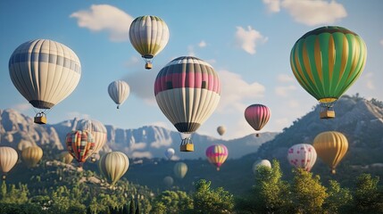 Obraz premium A stunning view of colorful hot air balloons soaring against a vibrant blue sky with mountains in the backdrop.