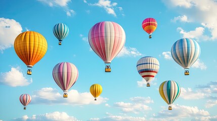 Fototapeta premium A vibrant display of colorful hot air balloons floating gracefully in a bright blue sky with fluffy white clouds.