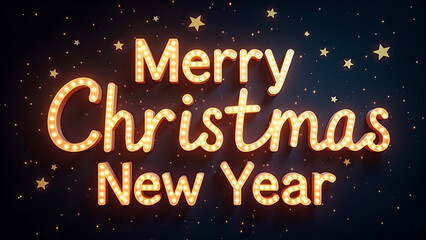 Merry Christmas and Happy New Year illuminated sign. Festive holiday greeting concept.