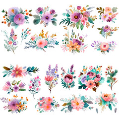 Obraz premium Collection of floral watercolor bouquets with lush blooms and delicate leaves. Perfect for creative design projects, wedding invitations, or home decor, these arrangements capture nature beauty