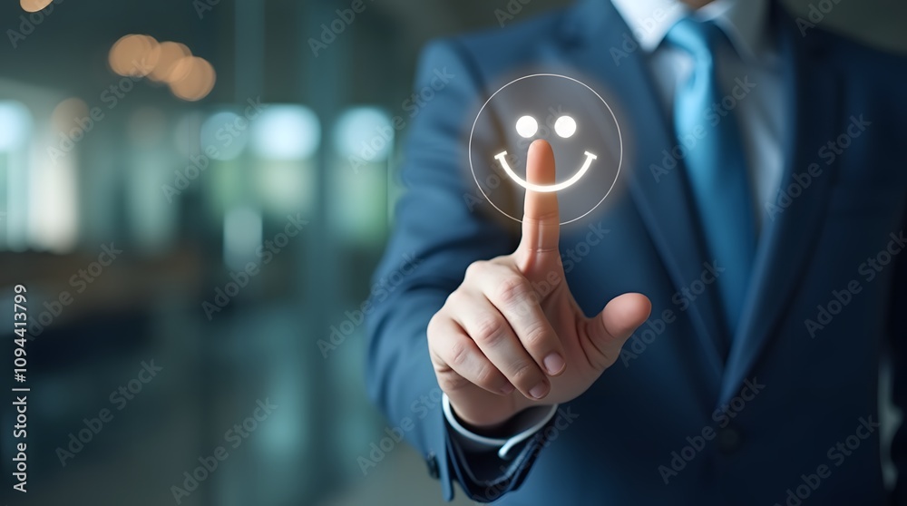 Poster customer service and satisfaction concept - business professionals engaging with a virtual interface