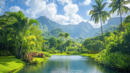 Obraz premium Breathtaking tropical landscape with lush vegetation and serene water under a clear sky.