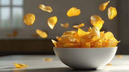 A white bowl overflowing with crispy golden potato chips, with some chips cascading down in a lively motion.