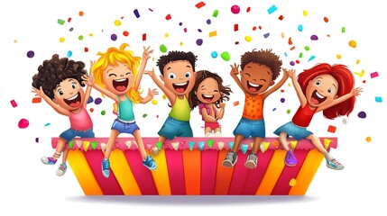 a 2D cartoon illustration of friends having fun at a carnival, colorful and exciting, white background--ar 16:9
