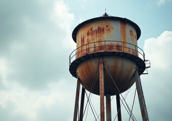 Rusty water tower stands against a cloudy sky in an abandoned industrial area