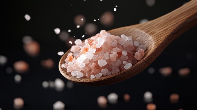 Close-up of pink Himalayan salt spilling from a wooden spoon against a dark background.