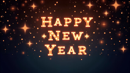 Happy New Year text with golden lights and stars. Holiday celebration concept.