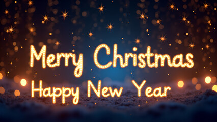 Merry Christmas and Happy New Year greeting card with sparkling lights. Concept of winter holidays, celebration, and festive season.