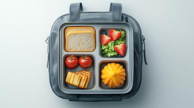 Colorful lunchbox filled with delicious, healthy food including sandwiches, strawberries, and vegetables.