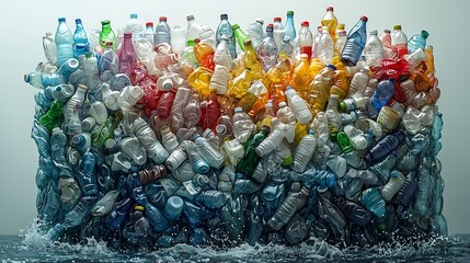 Fototapeta premium Colorful Plastic Bottle Overflow Symbolizing Waste Crisis on Clean White Background