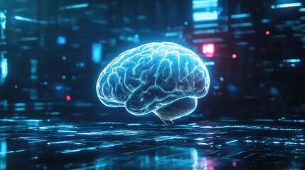 A futuristic digital brain glowing in a high-tech environment, symbolizing artificial intelligence and innovation.