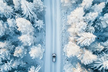Snowy road scene, aerial view. Perfect for winter travel, transportation, or nature themes.