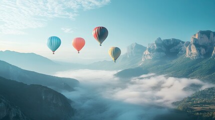 Fototapeta premium A serene morning with colorful hot air balloons ascending above a misty valley, surrounded by majestic mountains.