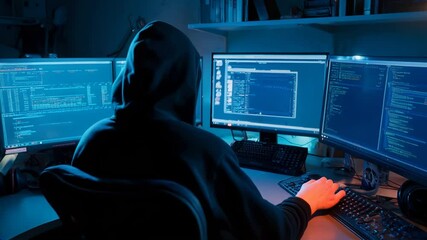  A hooded hacker works on multiple monitors in a dark room, coding and navigating cybersecurity systems, representing hacking, technology, and cybercrime.
