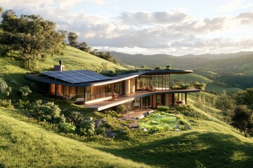 Fototapeta premium Sustainable self-sufficient off-grid home surrounded by rolling green hills ,sustainability, green energy, solar panel