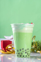 Green Christmas bubble tea drink