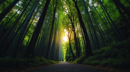 Obraz premium Serene Forest Path Surrounded by Tall Bamboo Trees with Soft Sunlight Filtering Through Leaves in a Lush Green Landscape Ideal for Nature Enthusiasts