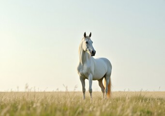 Obraz premium White horse standing gracefully in a sunlit grassy field under an expansive sky