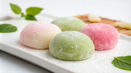 Mochi dessert on a plate with mint leaves isolated on white background