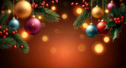 Colorful Christmas baubles dangle overhead, cradled in the embrace of pine branches, bathed in a warm glow of twinkling lights.