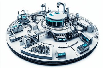 Futuristic automated factory, circular design, robotic arms.