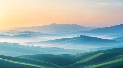 A sunrise over rolling hills with mist creating a soft atmospheric effect.