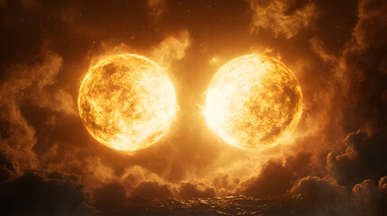 A surreal binary star system with two suns casting dynamic shadows on a distant planet.