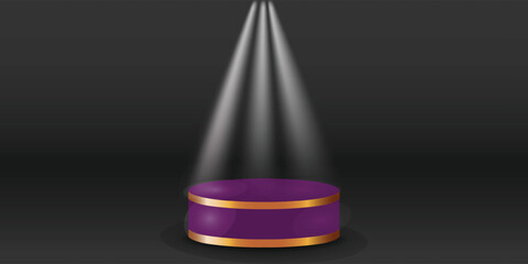 White spotlights on podium display color with black background. Modern studio, wall scene fashion, stage podium scene with for Award Ceremony. 3D rendering.