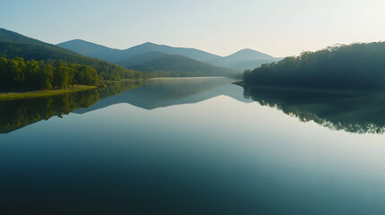 A tranquil aerial shot of a mirrored lake reflecting surrounding mountains.