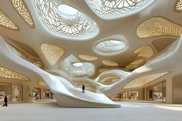 Fototapeta premium A futuristic interior design showcasing organic forms and intricate lighting patterns.
