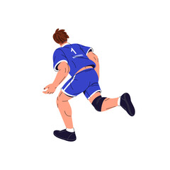 Professional football or volleyball player runs back view. Athlete in sports uniform plays soccer. Sportsman in T shirt and shorts is in match, game. Flat isolated vector illustration on white