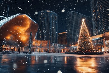 Fototapeta premium Las Vegas at night with glowing Christmas tree with snowfall at winter night