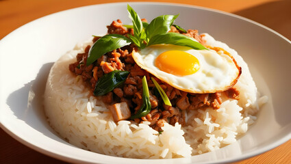 Stir-fried pork with basil, rice and fried egg, Thai style