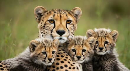 Obraz premium Close-Up of a Cheetah Resting with Cubs in the African Wilderness
