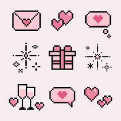 illustration isolated pixel icons for love concept. Retro, 8 bit, pastel arcade game style.Letter, heart, present, gift, champagne, dialogue, sparkle. For game, mobile app,scrapbook, graphic