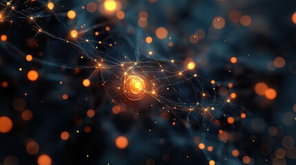 A mesmerizing abstract representation of neural connections, featuring glowing orange and blue orbs that create a cosmic feel.