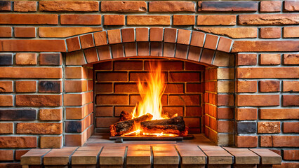 Red brick fireplace with burning logs, modern cozy fireplace, christmas theme