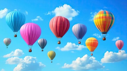 Naklejka premium A vibrant display of colorful hot air balloons floating against a bright blue sky with fluffy white clouds.
